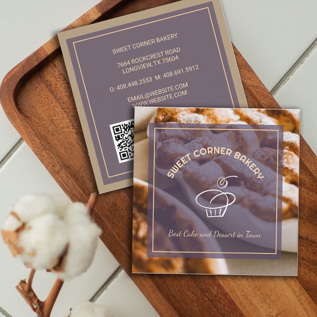 Carte De Visite Carré Photo personnalisée Boulangerie Logo Code QR (Custom Photo Cake Bakery Logo QR Code Square Business Card)