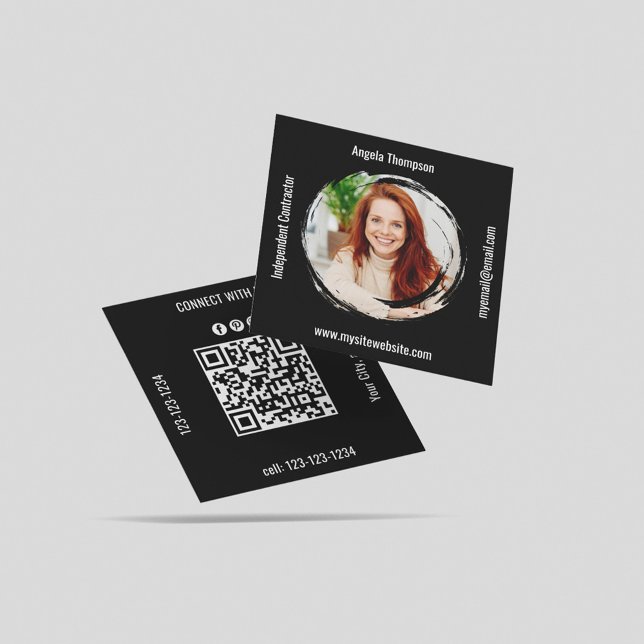 Carte De Visite Carré Photo QR Code Black Connect with Me Business (Black and white business card square template.)