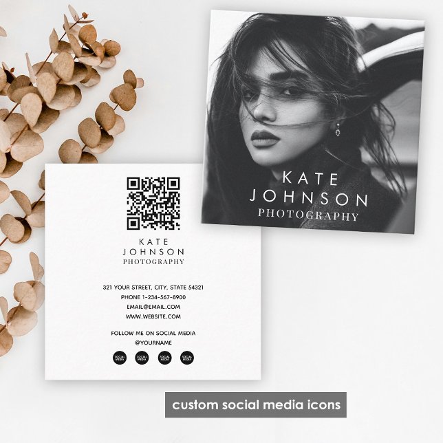 Carte De Visite Carré Photo simple moderne Code QR Médias sociaux (Modern Simple Minimal Photo QR Code Social Media Square Business Card)