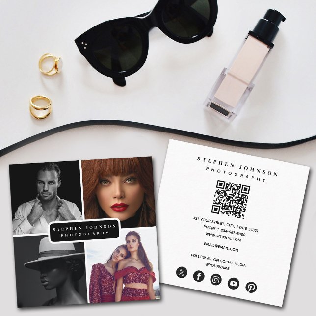 Carte De Visite Carré Photographe 4 Photos QR Code Social Media Icons (Photographer 4 Photos QR Code Social Media Icons Square Business Card)