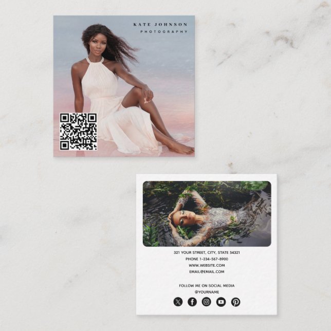 Carte De Visite Carré Photographe branché QR Code Social Media Icons (Devant / Derrière)