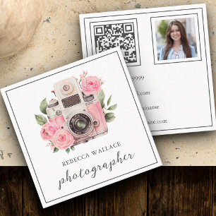 Carte De Visite Carré Photographe de couleur rose florale Photo QR Code