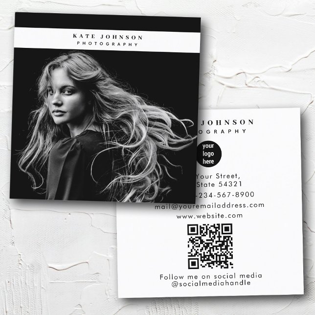 Carte De Visite Carré Photographe du logo de l'entreprise Photo noir bla (Business Logo Photographer Photo Black White Square Business Card)