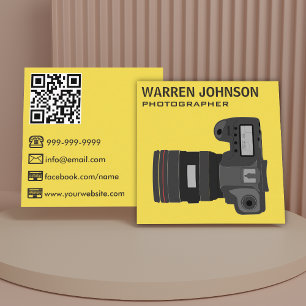 Carte De Visite Carré Photographe moderne Jaune Code QR