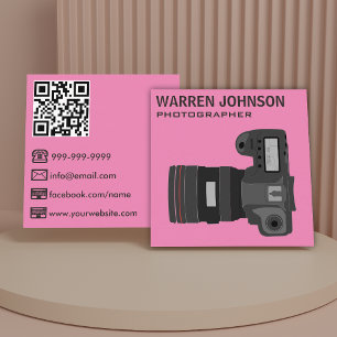 Carte De Visite Carré Photographe moderne rose QR Code