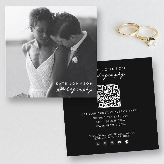 Carte De Visite Carré Photographe Moderne Script Photographie Code QR (Photographer Modern Script Photography QR Code Square Business Card)