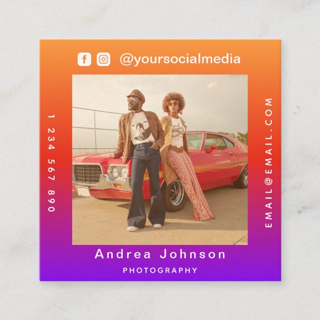 Carte De Visite Carré Photographe Photo Social Media & QR Code Moderne (Devant)