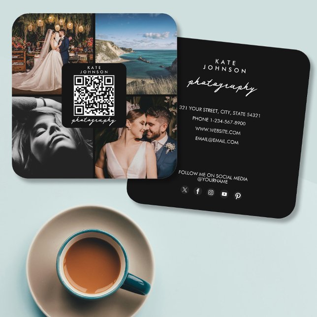 Carte De Visite Carré Photographe Photos QR Code Social Media Script (Photographer Photos QR Code Social Media Script Square Business Card)
