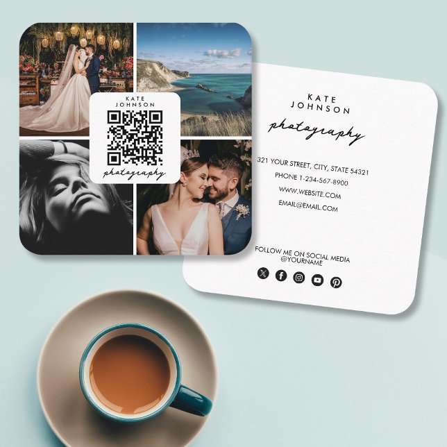 Carte De Visite Carré Photographe Photos QR Code Social Media Script (Photographer Photos QR Code Social Media Script Square Business Card)