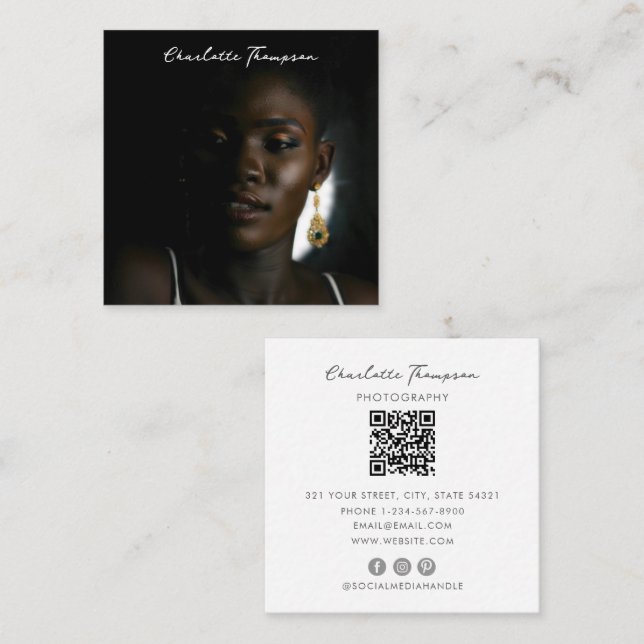 Carte De Visite Carré Photographie professionnelle Code QR Script (Devant / Derrière)