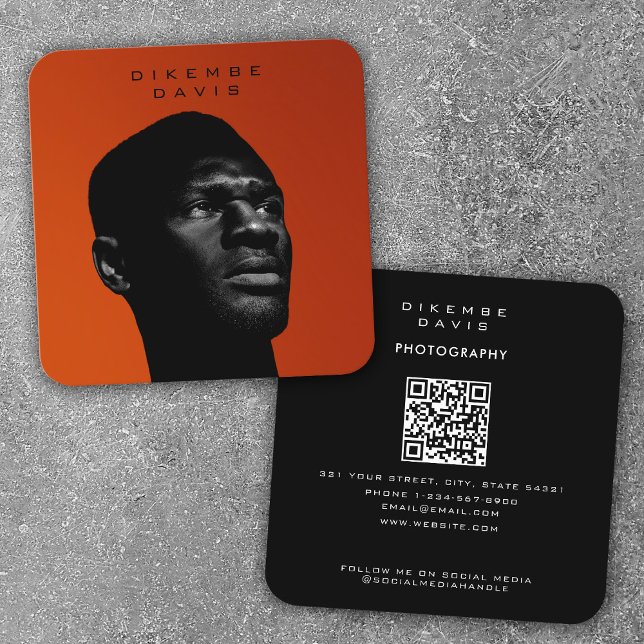 Carte De Visite Carré Photographie tendance stylish pleine photo QR Code (Créateur téléchargé)
