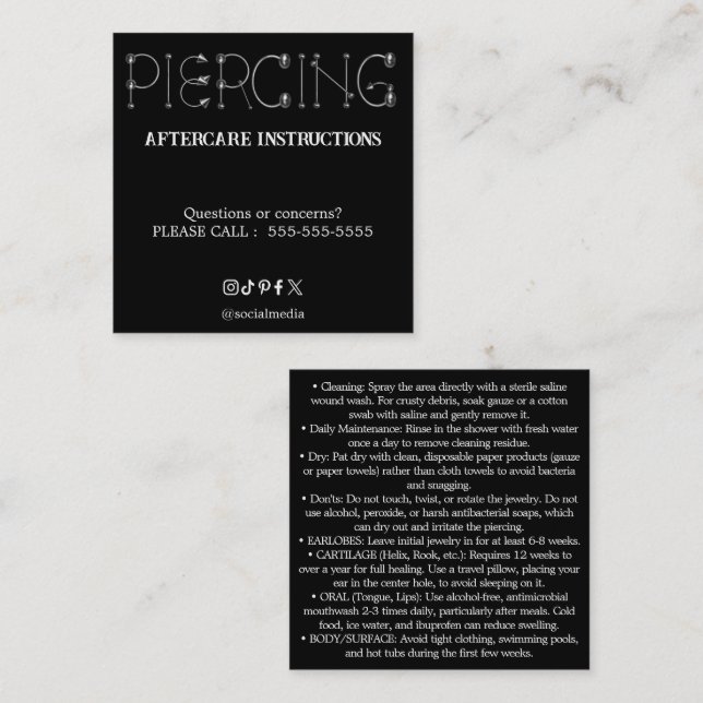 Carte De Visite Carré Piercing Aftercare Instructions Business Card (Devant / Derrière)