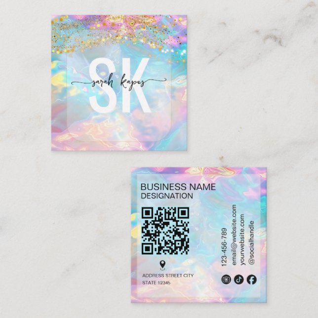 Carte De Visite Carré Pierre d'opale moderne code Qr holographique monog (Devant / Derrière)