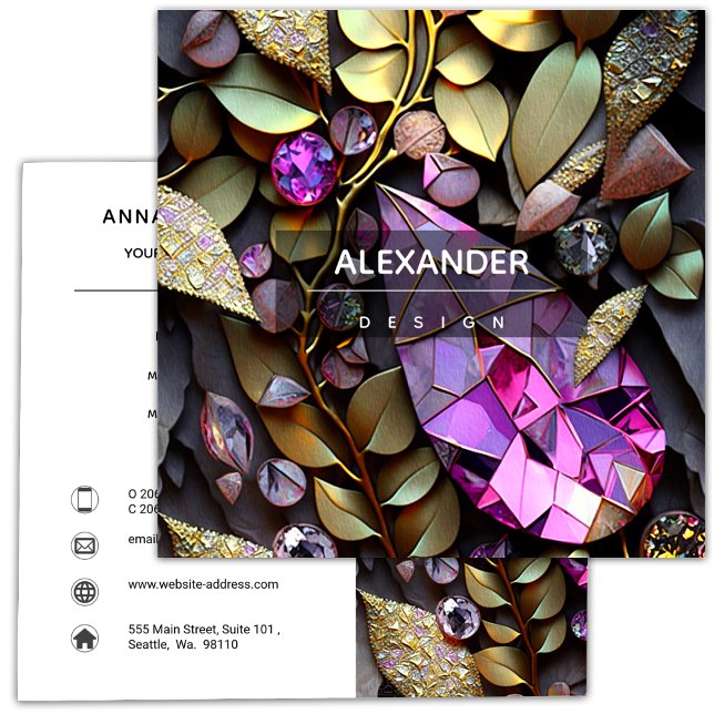 Carte De Visite Carré Pierres de cristal Iridescente, Rose, Fuchsia, Or (Créateur téléchargé)