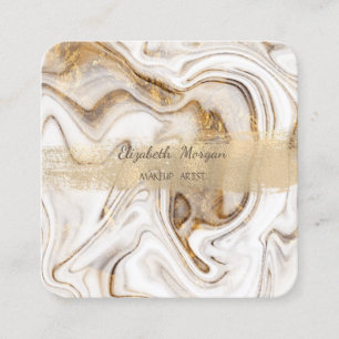 Carte De Visite Carré Pinceau élégant à feuille d'or, Marbre doré blanc