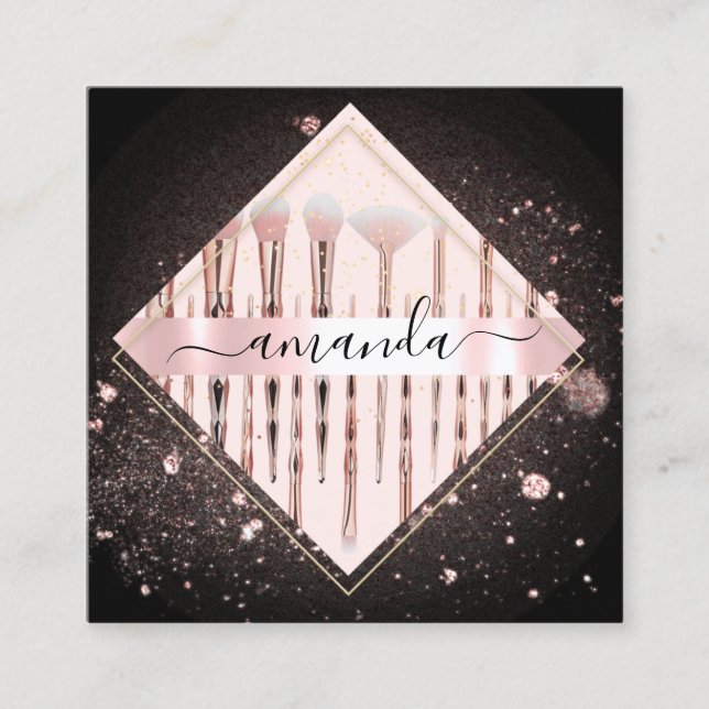 Carte De Visite Carré Pinceaux de logo de maquillage professionnel Rose  (Devant)