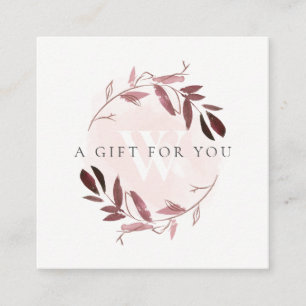 CARTE DE VISITE CARRÉ PINK BLUSH FOLIAGE INITIAL WREATH CADEAU CERTIFICA