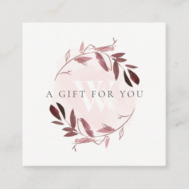 CARTE DE VISITE CARRÉ PINK BLUSH FOLIAGE INITIAL WREATH CADEAU CERTIFICA (Devant)