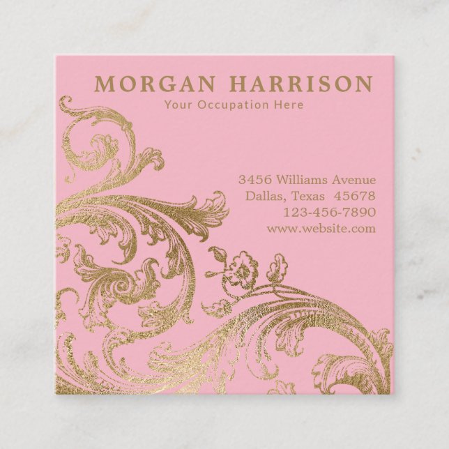 Carte De Visite Carré Pink Gold Damask Baroque Swirl (Devant)