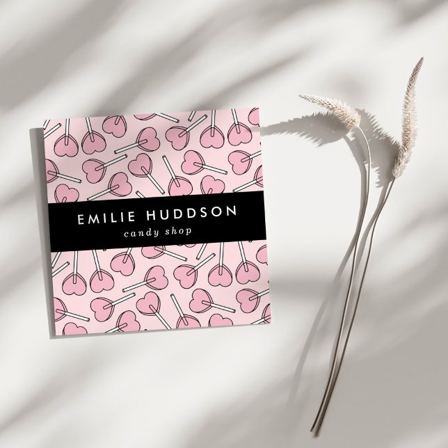 Carte De Visite Carré Pink Lollipops, Heart Lollipops, Lolly, Candy Shop (Créateur téléchargé)