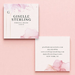 Carte De Visite Carré Pink rose moderne Aquarelle couleur or huile