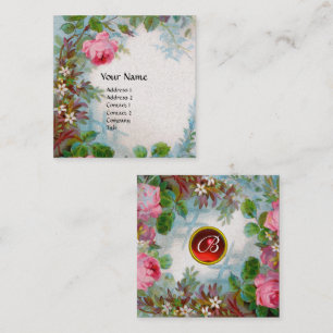 Carte De Visite Carré PINK ROSES,JASMINES RED GEM MONOGRAM Luxury White