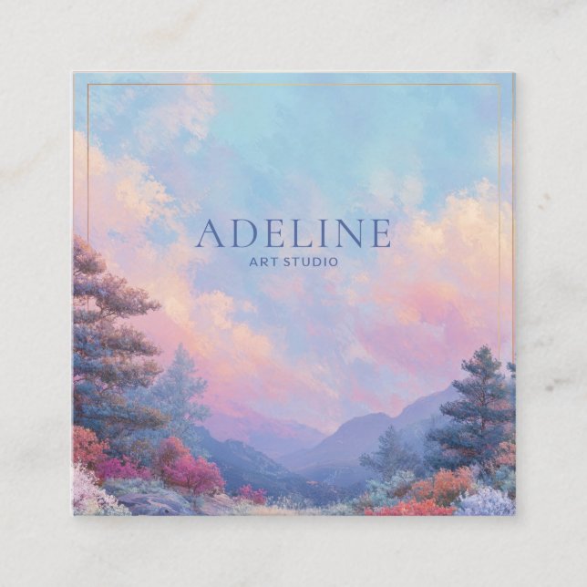 Carte De Visite Carré Pink Sunset Forest Gold Frame Vibrant Landscape (Devant)