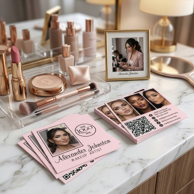 Carte De Visite Carré Pink White & Black Script Makeup Photo Personalize (Blush Pink and Black Script QR Code Social Makeup Photo Square Business Card)