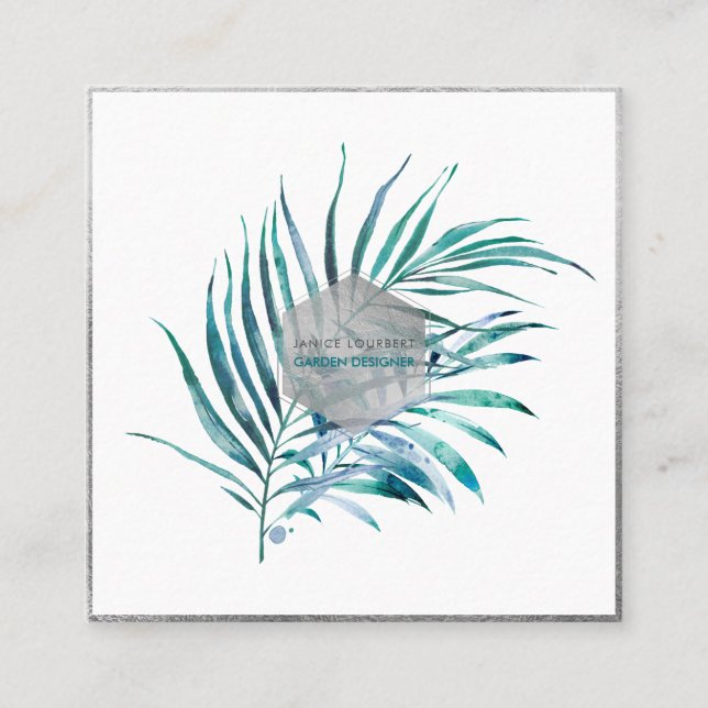 Carte De Visite Carré PixDezines PALM FRONDS, BLEU TURQUOISE (Devant)