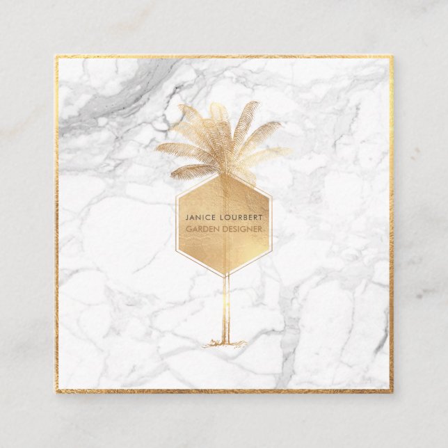 Carte De Visite Carré PixDezines PALM TREE, FAUX GOLD+MARBLE (Devant)