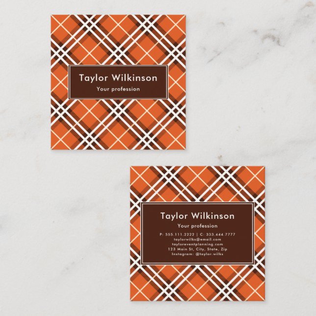 Carte De Visite Carré Plaid Orange (Devant / Derrière)