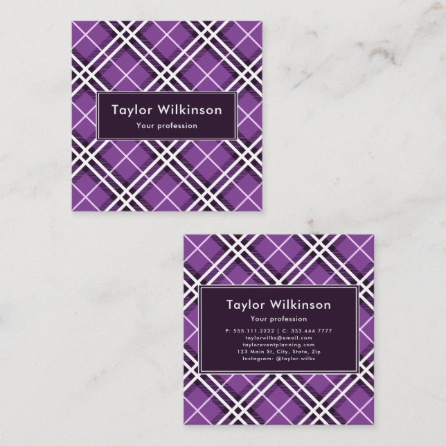 Carte De Visite Carré Plaid Violet (Devant / Derrière)