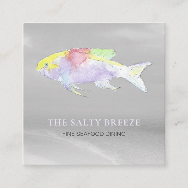 Carte De Visite Carré *~* PLANCHER Poisson Plage Sable Argent Mer Dîner  (Devant)