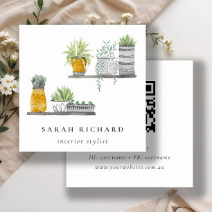 Carte De Visite Carré Plante de la maison Poted Aquarelle Botanique QR C