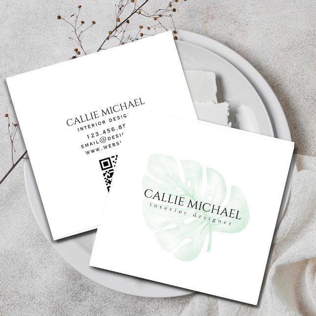 Carte De Visite Carré Plante vert aquarelle (Watercolor Green Plant Square Business Card #zazzlemade #greenplant #modernbusinesscard #simple )