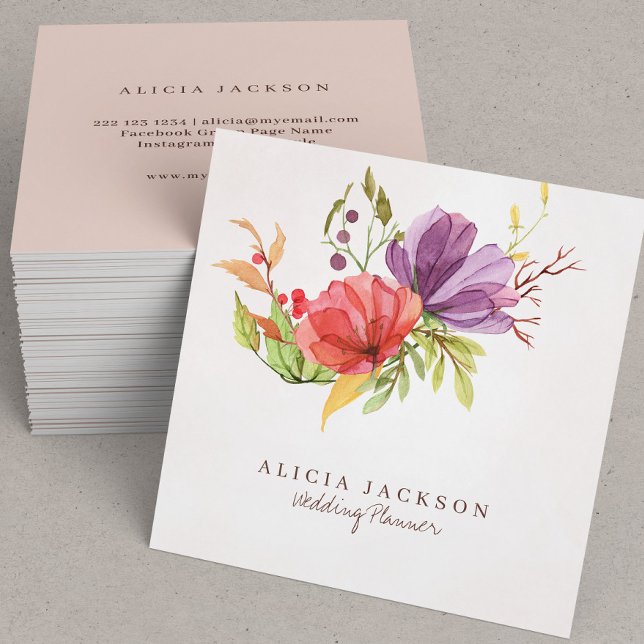 Carte De Visite Carré Plum floral et wedding planner d'aquarelle rouge (Créateur téléchargé)
