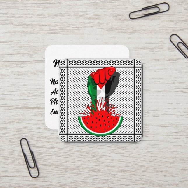 Carte De Visite Carré Poing de résistance palestinienne sur le symbole d (Devant/Arrière en situation)