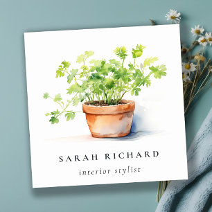 Carte De Visite Carré Pot Herbe Persil Coriander Aquarelle Botanique