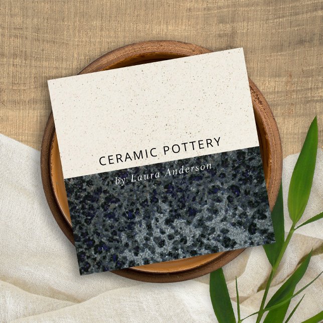 CARTE DE VISITE CARRÉ POTERIE CÉRAMIQUE NOIRE GRIS GLASÉE TEXTURE SPECKL (Créateur téléchargé)