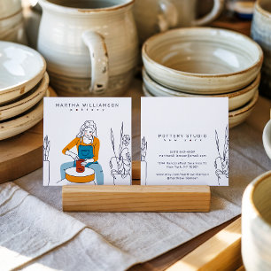 Carte De Visite Carré Poterie d'illustration féminine bleu jaune minimal