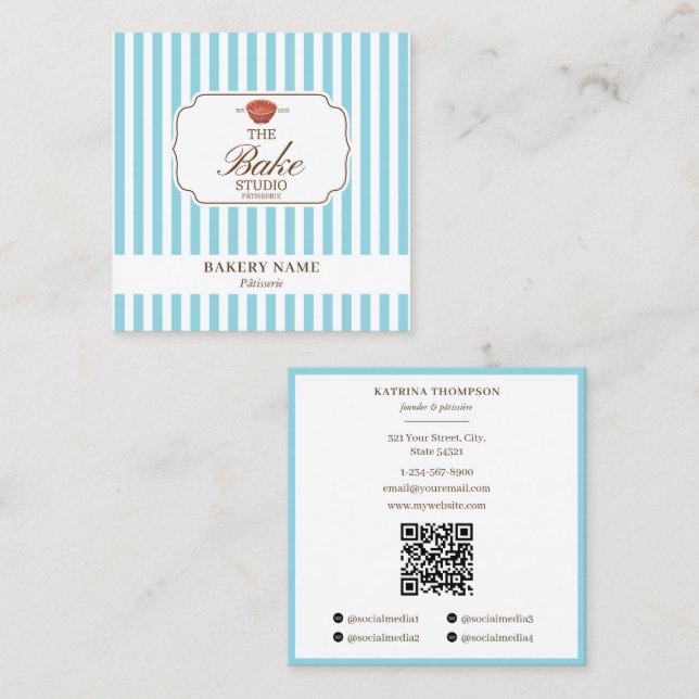 Carte De Visite Carré Preppy Brown & Blue Stripes Bakery Logo QR Code (Devant / Derrière)