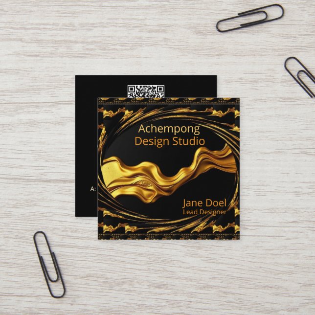 Carte De Visite Carré Prestige Gold Wave – High-End Networking Opulent G (Devant/Arrière en situation)