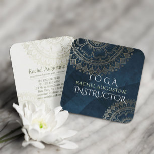 Carte De Visite Carré Professeur de méditation de yoga Mandala doré bleu