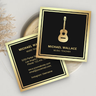 Carte De Visite Carré Professeur de Musique Guitare en Feuille d'Or Noir