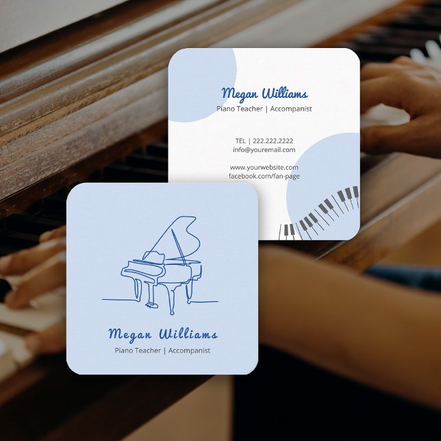 Carte De Visite Carré Professeur de Piano à Queue Dessin au Trait Leçon  (Line Drawing Grand Piano Teacher Music Lesson Square Business Card)