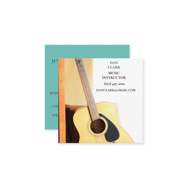 Carte De Visite Carré Professeur/Musicien de musique turquoise /Guitare  (Devant/Arrière en situation)