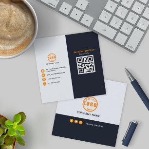 Carte De Visite Carré Professional Black Orange ajoutez votre logo QR Co