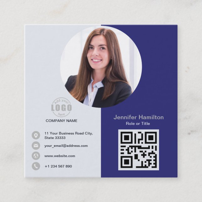Carte De Visite Carré Professional Grey ajouter votre photo QR Code Carr (Devant)