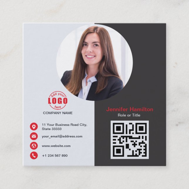 Carte De Visite Carré Professional Grey Red ajoutez votre photo QR Code  (Devant)