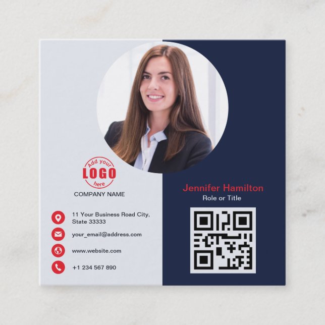 Carte De Visite Carré Professional Grey Red ajoutez votre photo QR Code  (Devant)